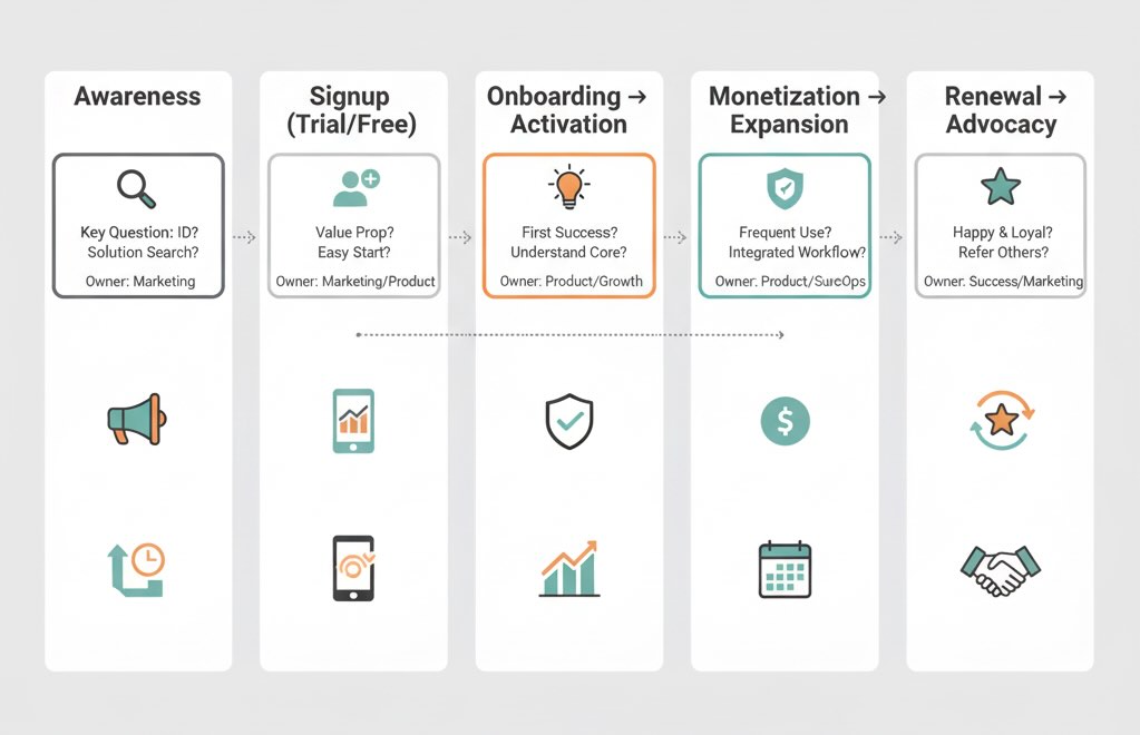 SaaS journey map with stages, key questions, and responsible teams
