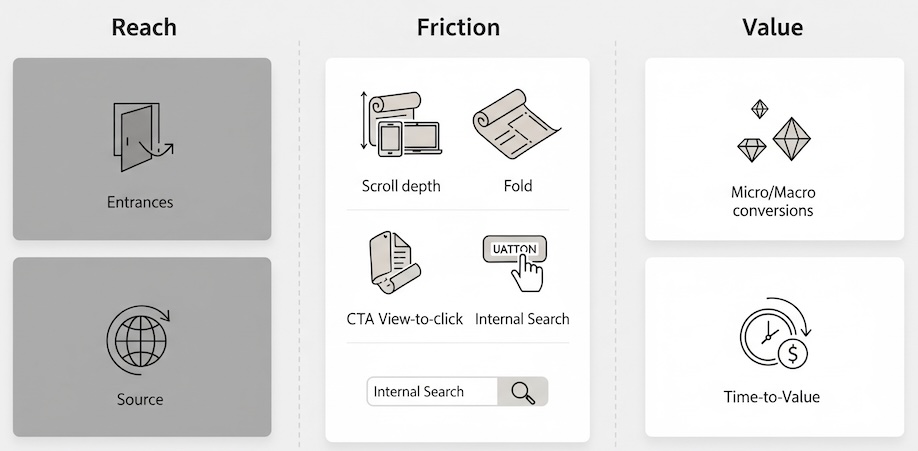 Three dashboard-style cards for Reach, Friction, and Value signals