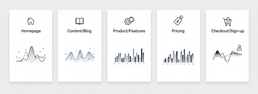 Grid of five neutral analytics panels representing key templates with abstract charts