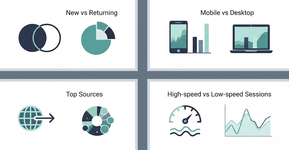 2×2 analytics comparison tiles for audience, device, source, and performance segments