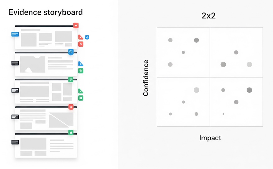 Split view with an evidence storyboard and a 2×2 impact-confidence opportunity map.