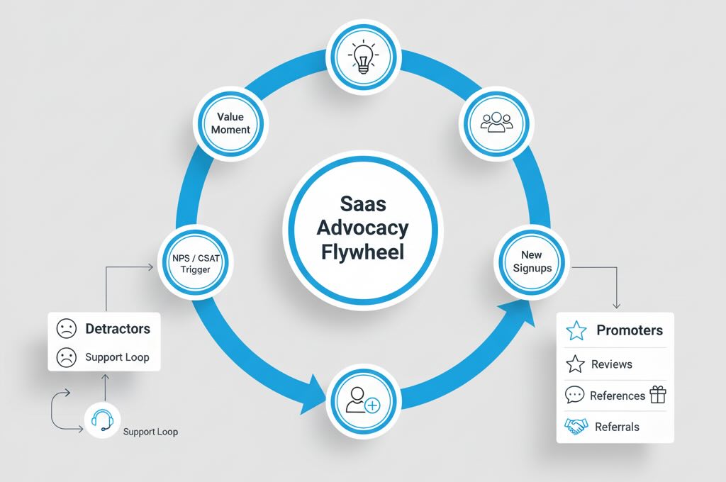 Advocacy flywheel connecting value moments to reviews, referrals, and community