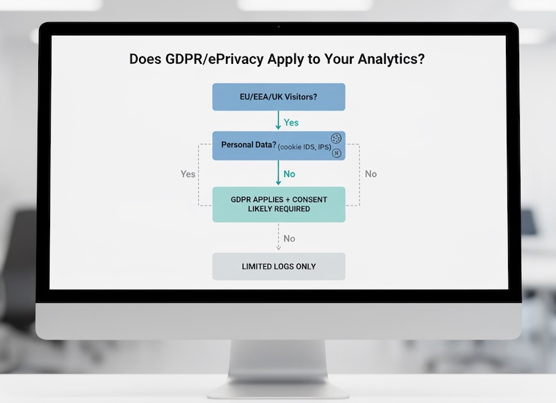 Flowchart determining when GDPR and ePrivacy apply to web analytics based on visitors and personal data