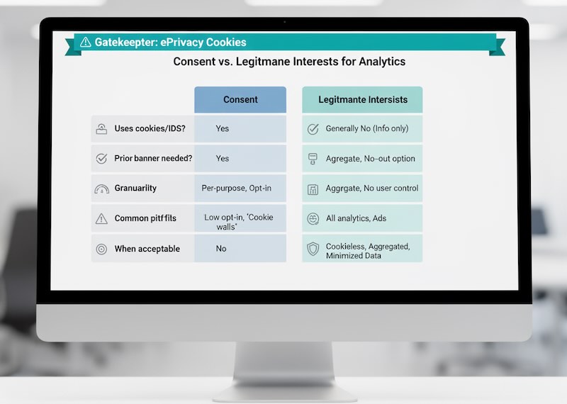 Comparison panel showing differences between consent and legitimate interests for web analytics under GDPR/ePrivacy.