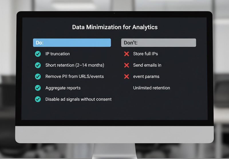 Checklist panel with do’s and don’ts for data minimization in analytics (IP truncation, short retention, no PII)