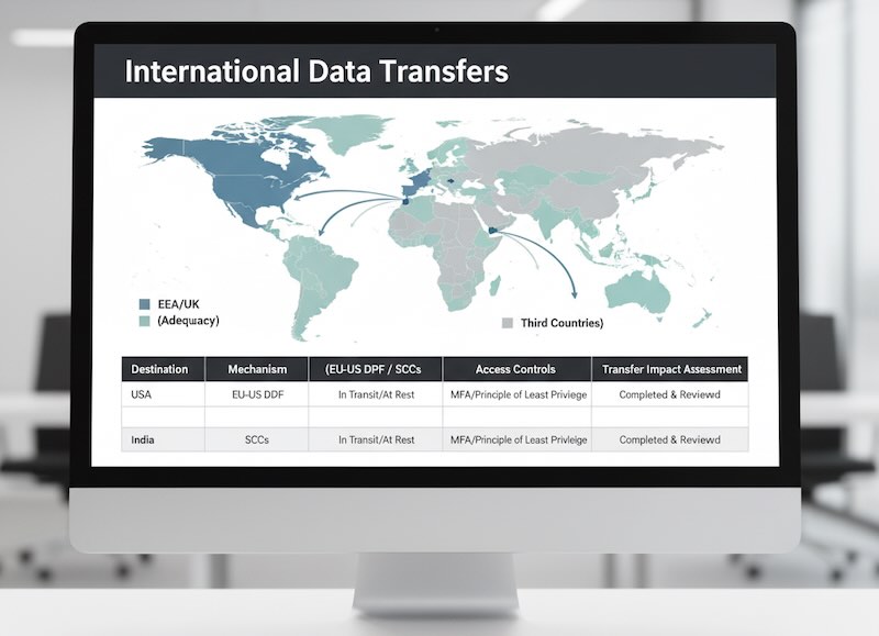 Analytics report view showing international data transfer destinations and safeguards like DPF and SCCs