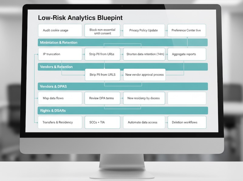 Roadmap board summarizing GDPR-aligned analytics steps across consent, minimization, vendors, transfers, and user rights