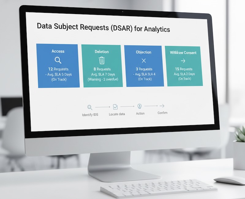 Dashboard showing DSAR types and workflow steps for analytics data with SLA indicators