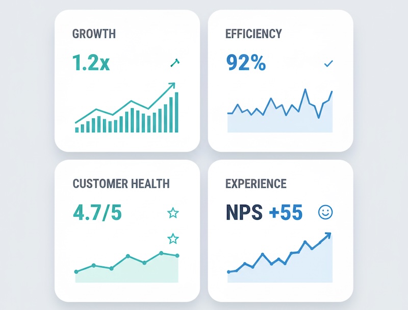 Four KPI tiles for growth, efficiency, customer health, and experience