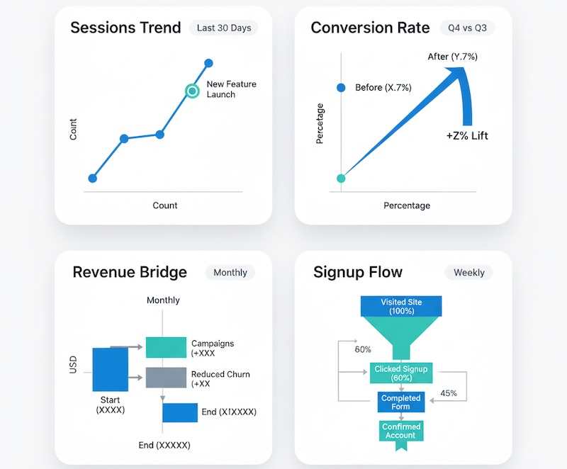 Set of executive-friendly charts: sparkline, slope, waterfall, and funnel