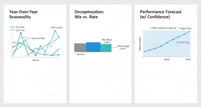 Seasonality overlay, mix vs rate decomposition, and a chart with confidence intervals