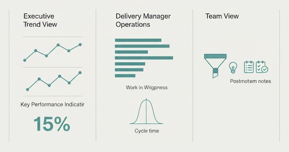 Three minimal dashboard panes for executives, managers, and teams with trends, WIP, and bottleneck visuals.