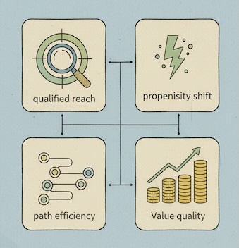 Four tiles for reach, propensity, path efficiency, and value quality