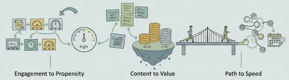 Bridges from engagement to propensity, value, and path efficiency.