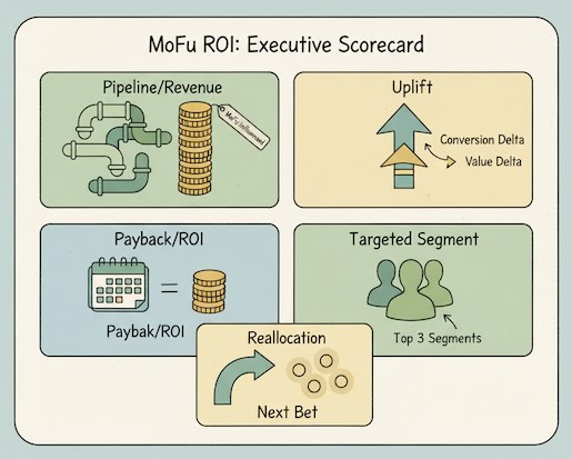 Executive scorecard tiles summarizing MoFu ROI.