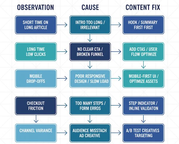Flowchart turning time observations into content fixes