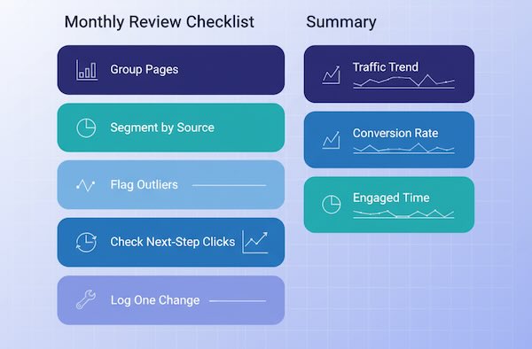 One-page monthly review checklist for time metrics.
