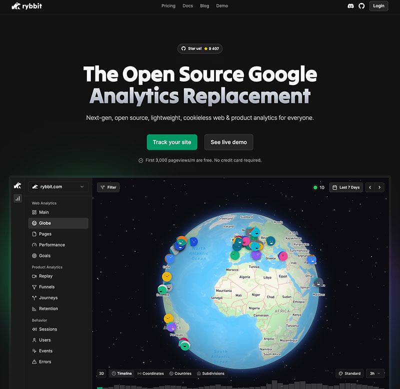 Rybbit Analytics homepage interface with logo and login screen for web analytics platform