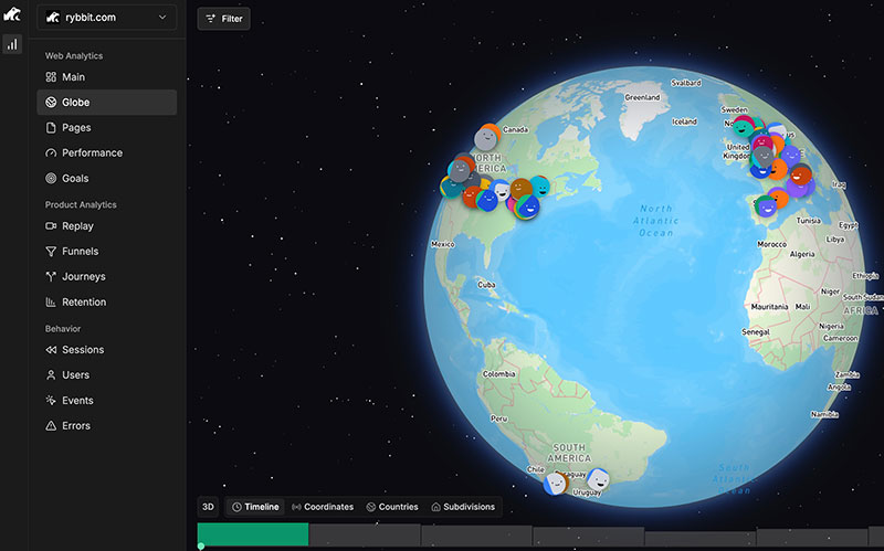 Rybbit Analytics real-time dashboard displaying world map with active visitor locations and current sessions