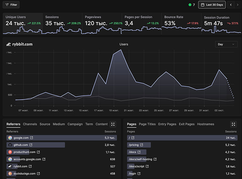 Rybbit Analytics metrics dashboard showing visitor trends, session graphs, and engagement statistics over time