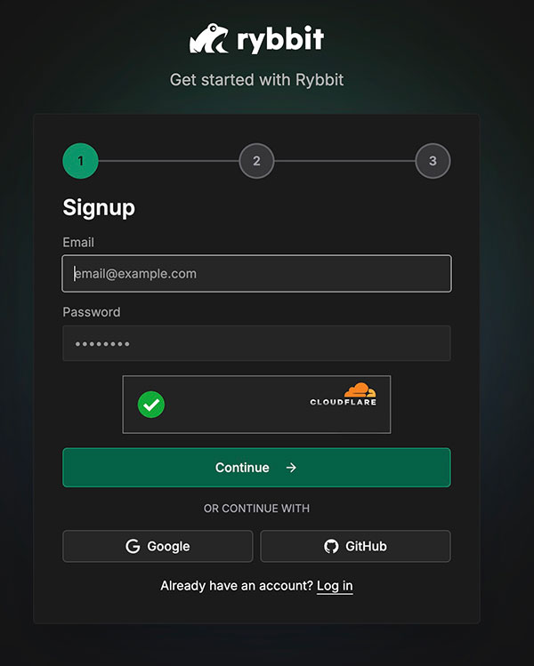 Rybbit Analytics account signup page with organization creation form for new users