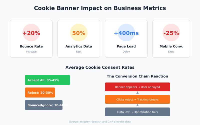 Cookie consent banner impact on business metrics including bounce rate, data loss, and conversion drops